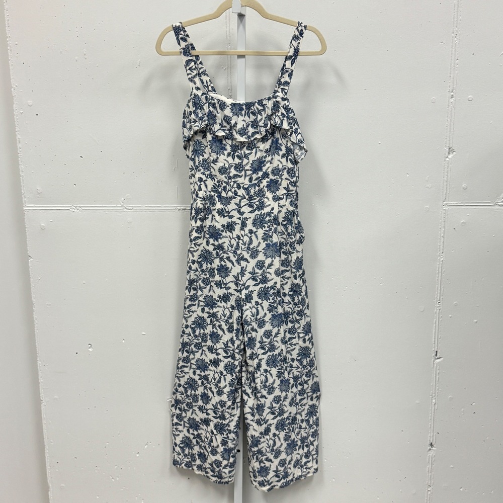LOFT Floral Ruffle Wide Leg Jumpsuit Size 4 Sleeveless Pockets Blue White Summer - Picture 2 of 9